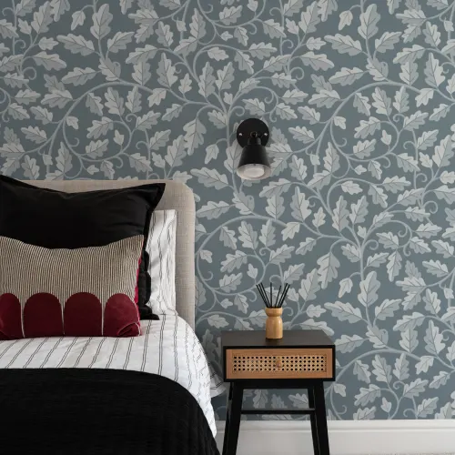 Blue Oak Leaf Botanical Pattern Mural for Serene Spaces