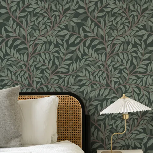 Green Botanical Pattern Mural For A Serene Atmosphere