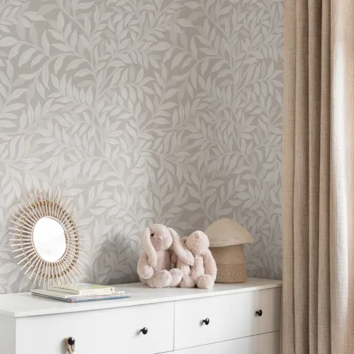 Beige botanisch bladpatroon muurschildering