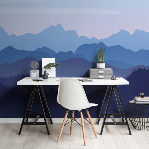 Blue Illustrated Landscape Mountains Wallpaper Mural