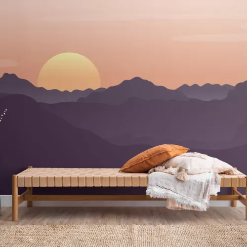 Red Illustrated Landscape Sunset Wallpaper Mural