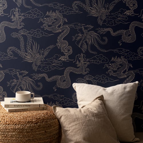 Navy Chinese Dragon and Phoenix Outline Wallpaper