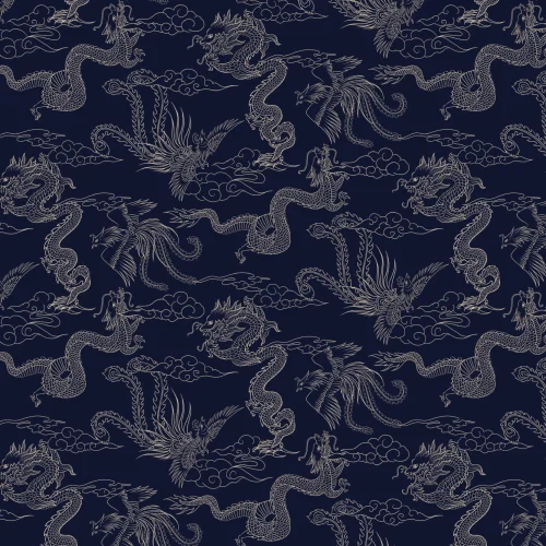 Navy Chinese Dragon and Phoenix Outline Wallpaper