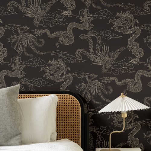 Papier peint des contours sombres du dragon et du phénix chinois