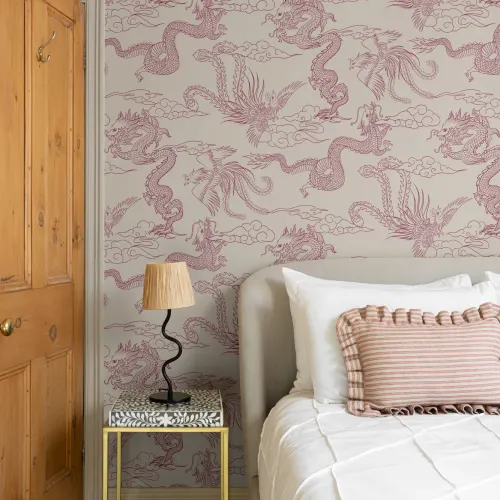 Raspberry Chinese Dragon and Phoenix Outline Wallpaper