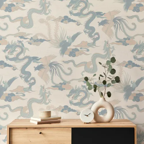Papel de parede do Dragão Chinês Azul e da Fénix