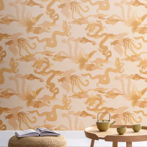 Gold Chinese Dragon and Phoenix Wallpaper