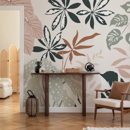 Neutral and Green Modern Botanical Plants Wallpaper Mural