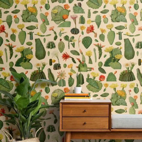 Green Cactus Succulent Pattern Wallpaper Mural