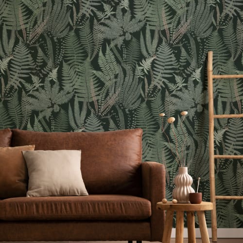 Papel Pintado Verde Oscuro con Patrón de Helecho Ilustrado Estilo Vintage