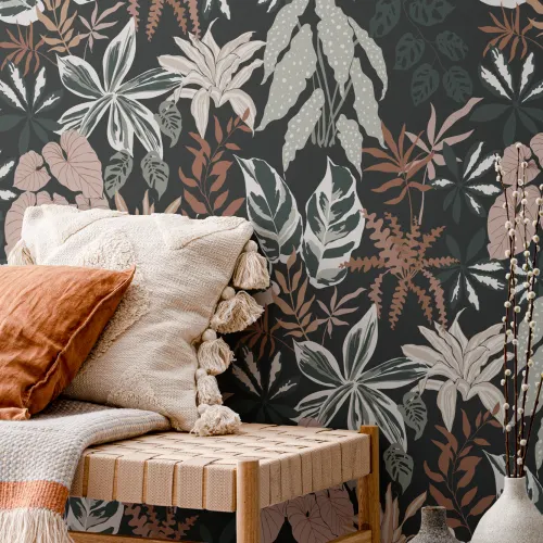 Dark Neutral and Green Modern Botanical Plants Repeat Pattern Wallpaper