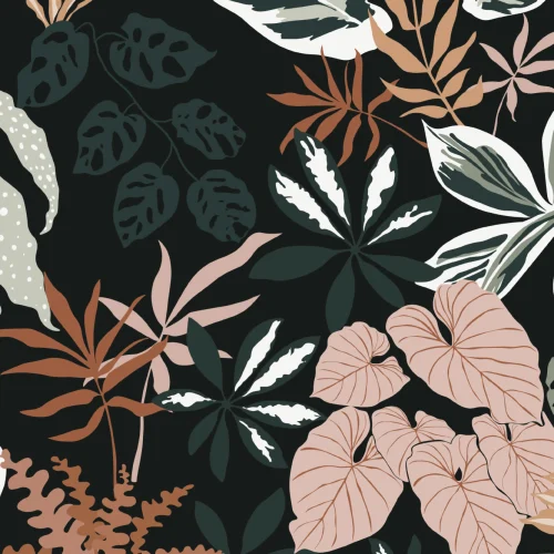 Dark Neutral and Green Modern Botanical Plants Repeat Pattern Wallpaper
