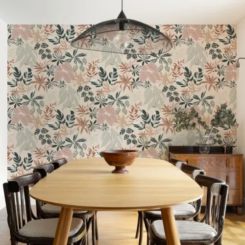 Neutral and Green Modern Botanical Plants Repeat Pattern Wallpaper