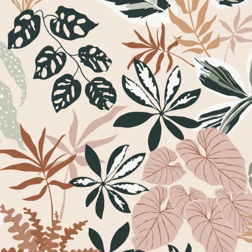 Neutral and Green Modern Botanical Plants Repeat Pattern Wallpaper