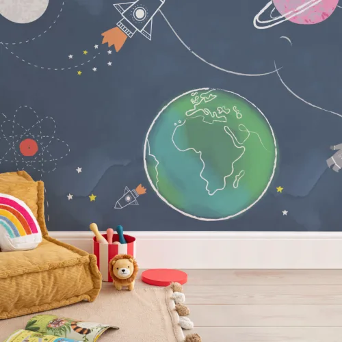 Papel de parede mural de foguetão espacial dos desenhos animados para crianças