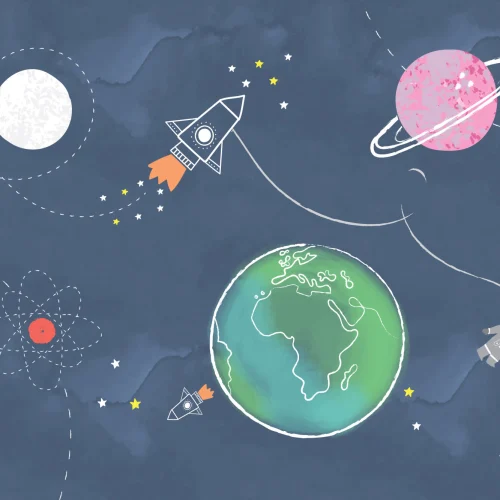 Papel de parede mural de foguetão espacial dos desenhos animados para crianças