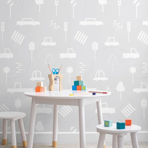 Papel de parede com padrão de repetição de engarrafamento cinzento e branco