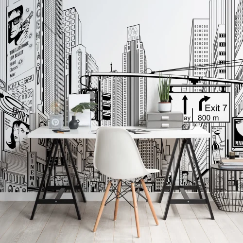 Black & White Illustrated NYC Wallpaper Mural