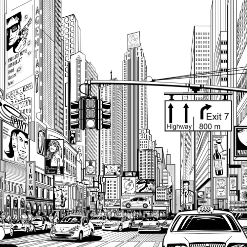 Black & White Illustrated NYC Wallpaper Mural