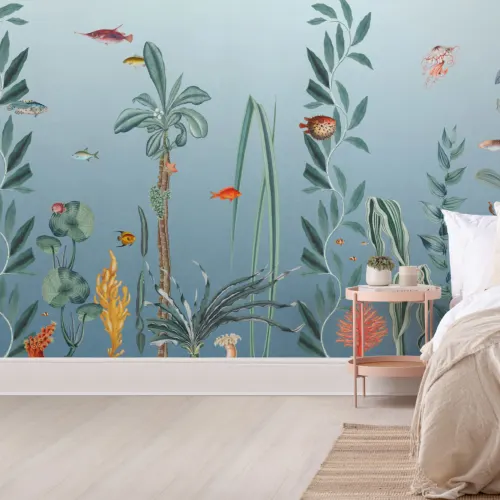 Mural subaquático de peixes azuis e algas marinhas