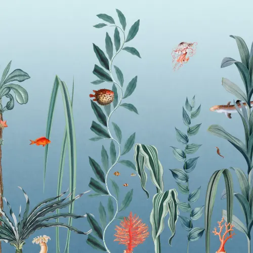 Mural subaquático de peixes azuis e algas marinhas