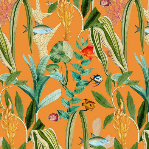 Orange Fish & Plants Coastal Wallpaper