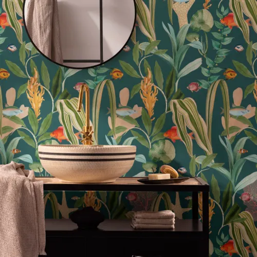 Papel de parede costeiro Teal Fish & Plants