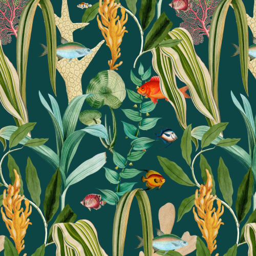 Papel de parede costeiro Teal Fish & Plants