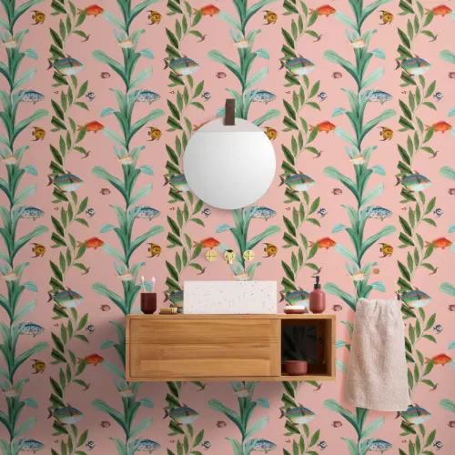 Pink Fish & Seaweed Coastal Wallpaper