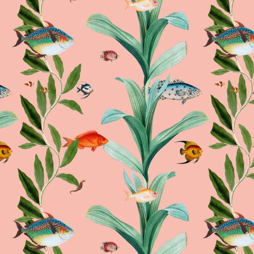 Pink Fish & Seaweed Coastal Wallpaper