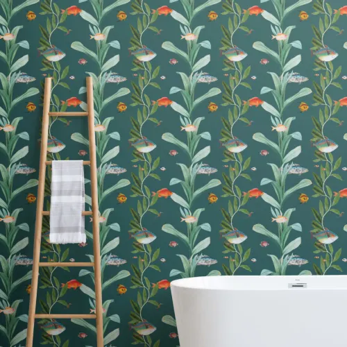 Teal Fish & Seaweed Coastal Wallpaper