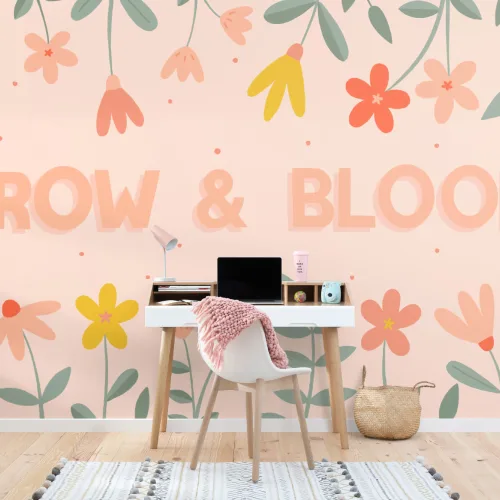 Mural de papel de parede com citações de tipografia floral cor-de-rosa