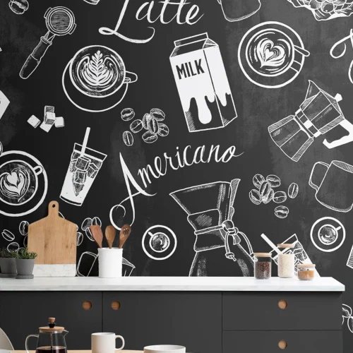 Mural con Motivos de Tazas de Café en Blanco y Negro