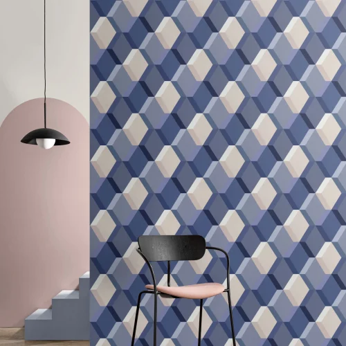 Sininen 3D Illusion Tile Effect Tapetti