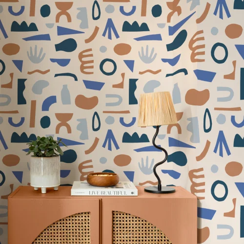 Blue & Neutral Abstract Shapes Repeat Pattern Wallpaper