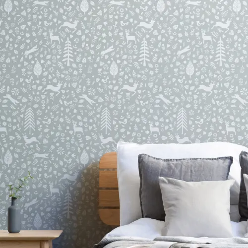 Papel Pintado Festivo con Motivos Folclóricos Escandinavos Salvia