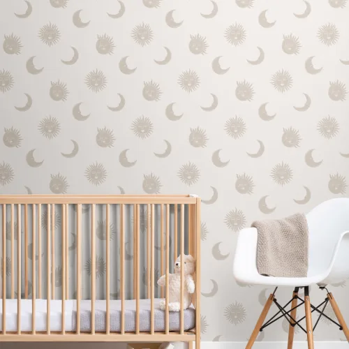 Bohemische Mustertapete mit Sonne und Mond in Beige