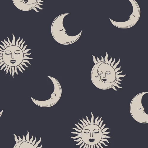 Carta da Parati Blu Notte e Beige Illustrata con Motivo di Sole e Luna