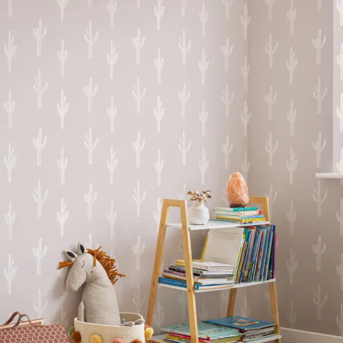 Papel de parede neutro com padrão de repetição Boho de cactos cor-de-rosa