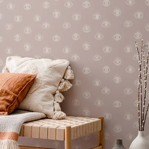 Papel Pintado Beige y Rosa con Estampado de Ilustraciones en Formas de Ojos
