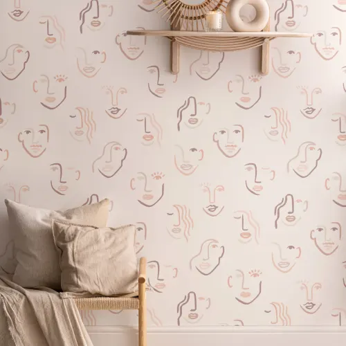 Abstract Faces Neutral Boho Repeat Pattern Wallpaper