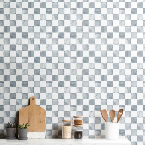 Steel Blue Watercolor Checkered Wallpaper