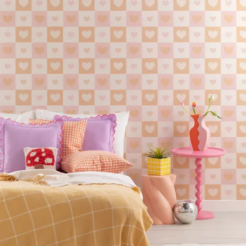 Orange Check & Heart Print Wallpaper