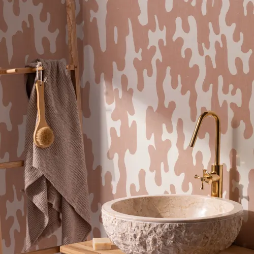 Coral Japanese Wood Block Print Style Wallpaper