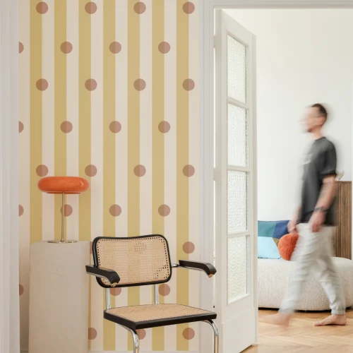 Yellow Striped Polka Dot Contemporary Mural