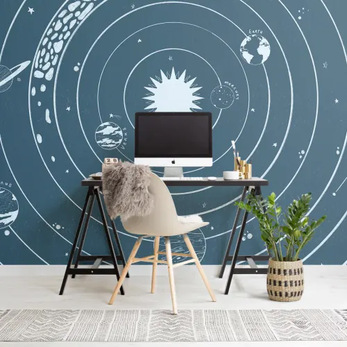 Carta da Parati Stelle e Sistema Solare in Bianco su Sfondo Blu