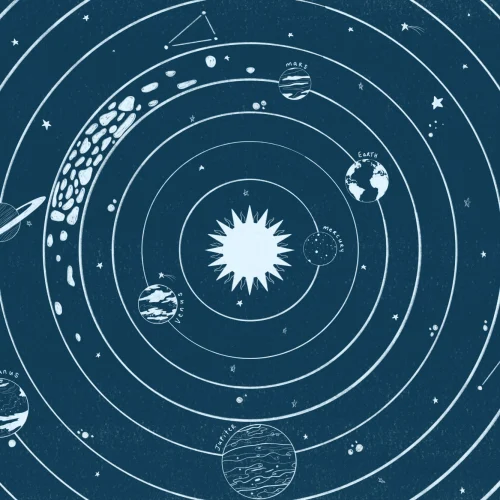 Carta da Parati Stelle e Sistema Solare in Bianco su Sfondo Blu