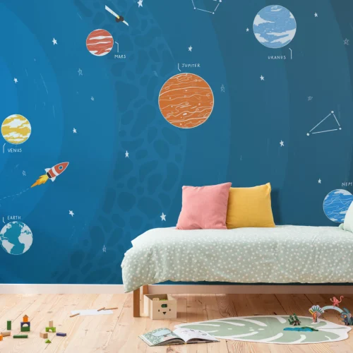 Mural Papel Pintado Educativo con Planetas Coloridos Constelaciones y Cohete