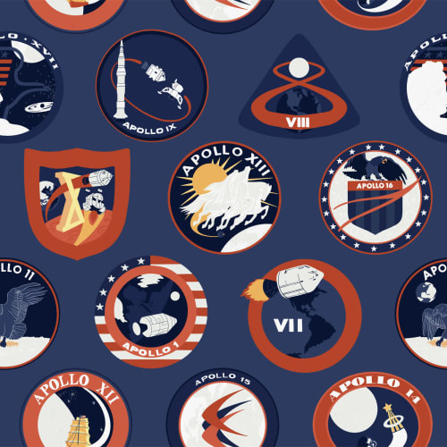 Mural de papel de parede com padrão temático do espaço com emblemas da Nasa azuis