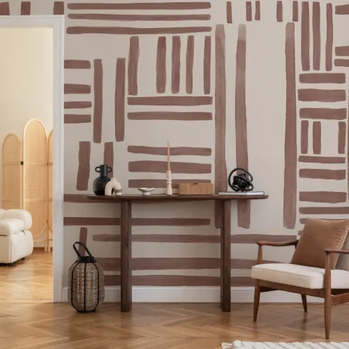 Hand-Painted Geometric Grid Stripe Mural in Terracotta